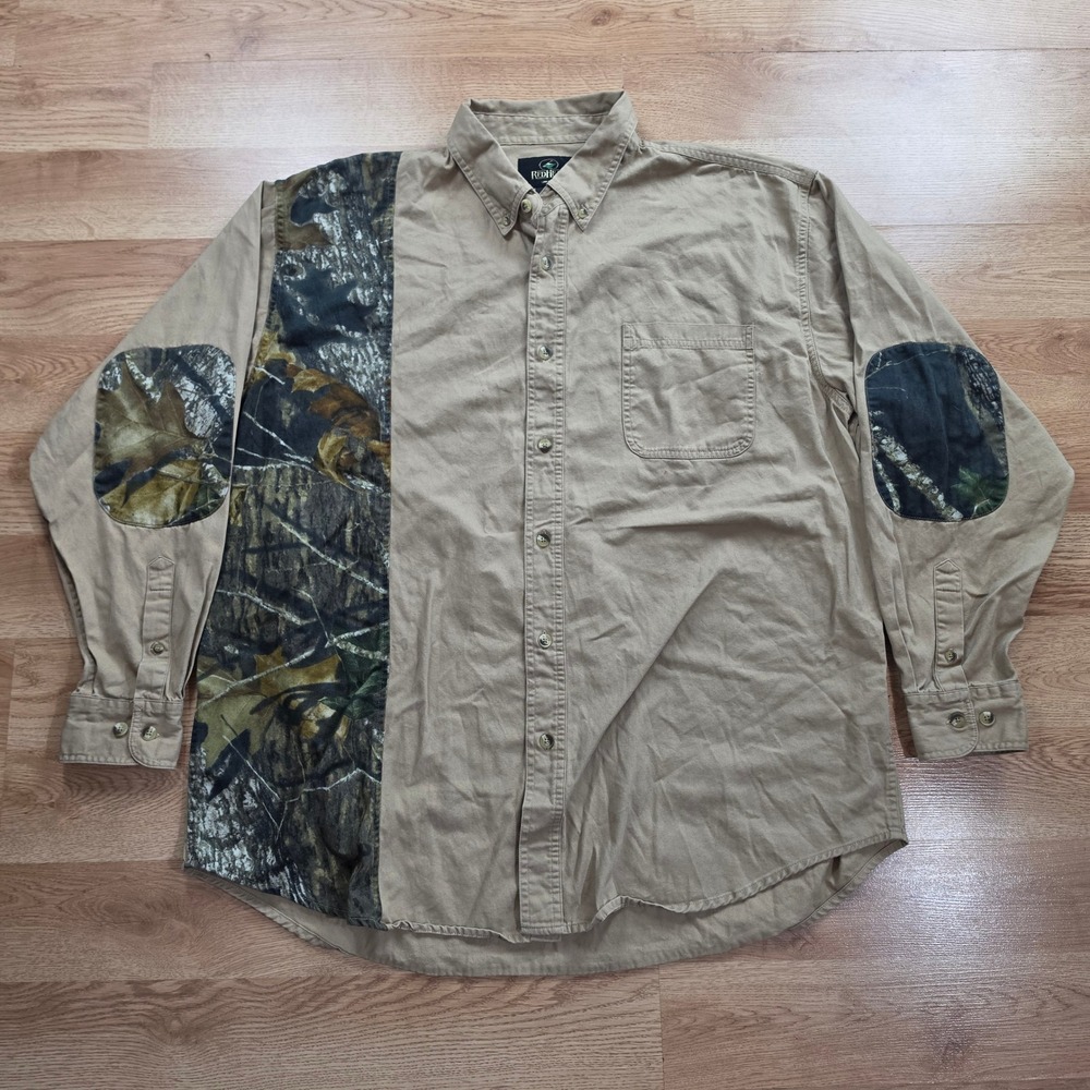 RedHead Button Down Shirt Mens XL Tan Camo Patch Hunting Cotton Canvas Safari